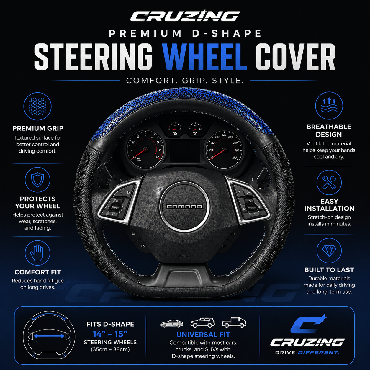 CRUZING Premium D-Shape Steering Wheel Cover